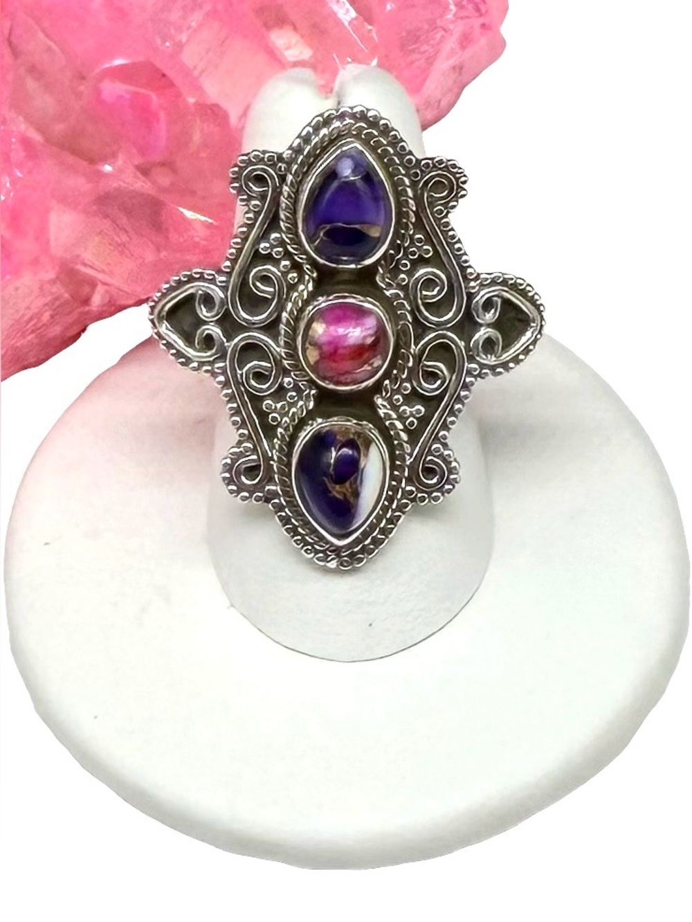 Kingman Pink Purple Dahlia Turquoise Ring Size 7 Solid 925 Sterling Silver